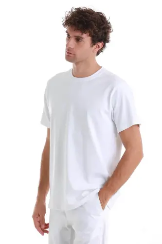 White Regular Fit Solid Cotton Crew Neck Knit T-Shirt-White - 3