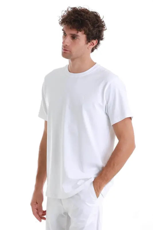 White Regular Fit Solid Cotton Crew Neck Knit T-Shirt-White - 3
