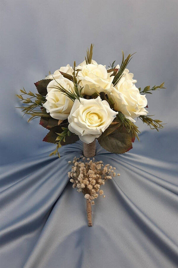 White Rose Bridal Bouquet with Green Leaves, Corsage, Bridal Hand Bouquet - 17