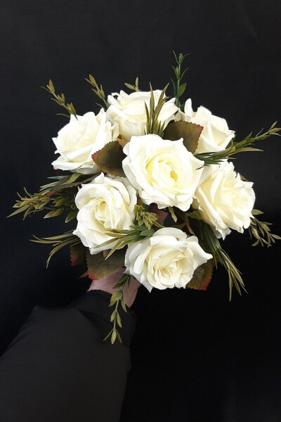 White Rose Bridal Bouquet with Green Leaves, Corsage, Bridal Hand Bouquet - 18