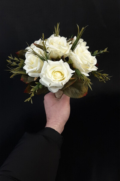 White Rose Bridal Bouquet with Green Leaves, Corsage, Bridal Hand Bouquet - 20