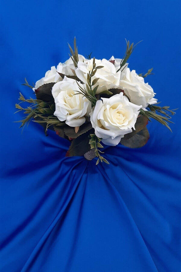 White Rose Bridal Bouquet with Green Leaves, Corsage, Bridal Hand Bouquet - 23