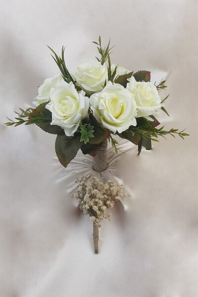 White Rose Bridal Bouquet with Green Leaves, Corsage, Bridal Hand Bouquet - 24