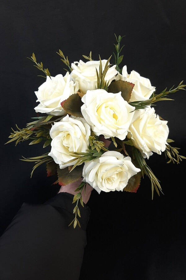 White Rose Bridal Bouquet with Green Leaves, Corsage, Bridal Hand Bouquet - 10