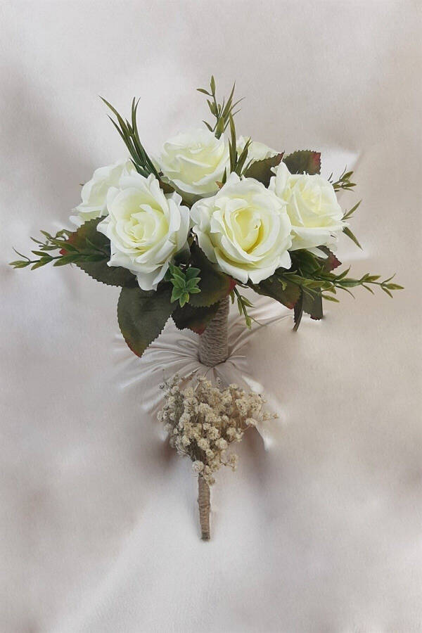 White Rose Bridal Bouquet with Green Leaves, Corsage, Bridal Hand Bouquet - 16