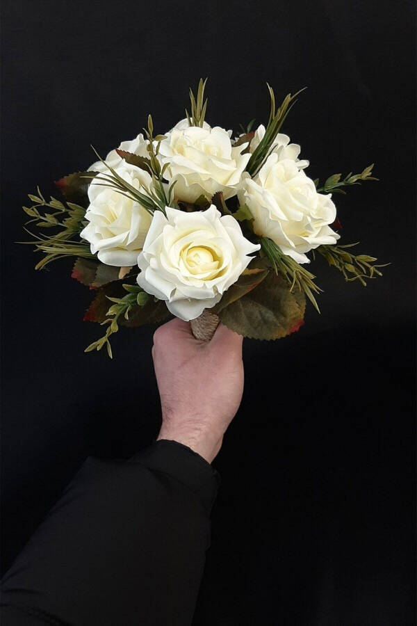 White Rose Bridal Bouquet with Green Leaves, Corsage, Bridal Hand Bouquet - 4