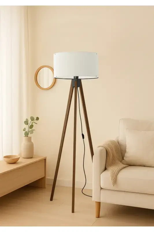 White Round Fabric Cylinder Shade Wooden Tripod Floor Lamp-White Fabric - HOMİNG