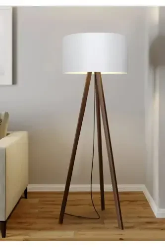 White Round Fabric Cylinder Shade Wooden Tripod Floor Lamp-White Fabric - HOMİNG (1)