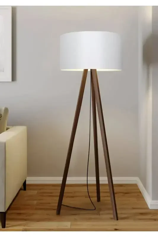 White Round Fabric Cylinder Shade Wooden Tripod Floor Lamp-White Fabric - 2