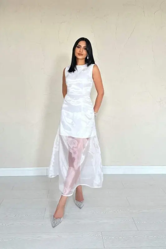 White Satin Dress with Organza Detail - 2