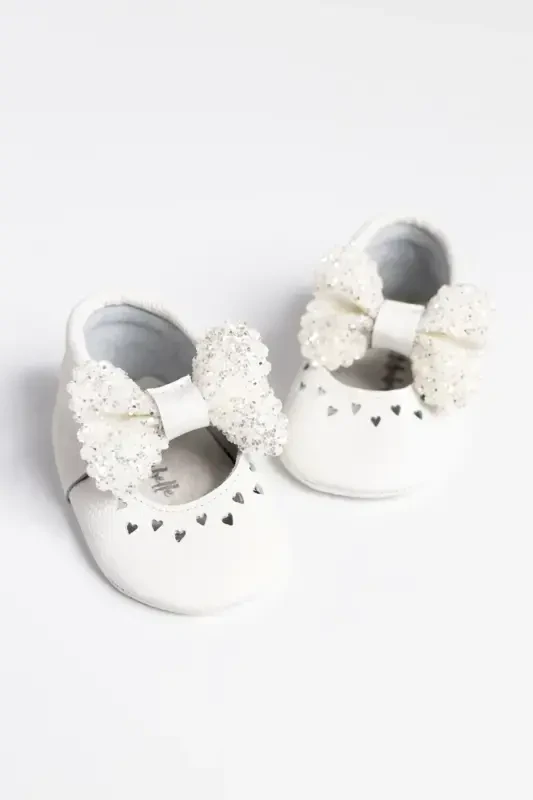 White Scaly Bow Leather Baby Girl Moccasin-White - 1