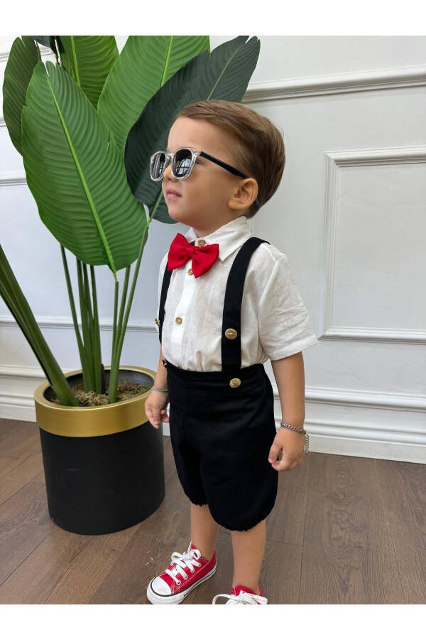 White Short Sleeve Shirt and Black Short Overall Bow Tie Baby and Toddler Boy Clothing - 1