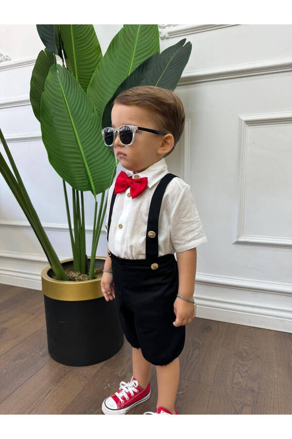 White Short Sleeve Shirt and Black Short Overall Bow Tie Baby and Toddler Boy Clothing - 2