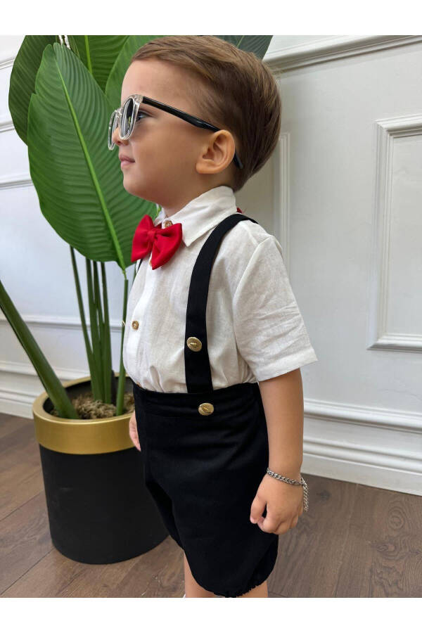 White Short Sleeve Shirt and Black Short Overall Bow Tie Baby and Toddler Boy Clothing - 3