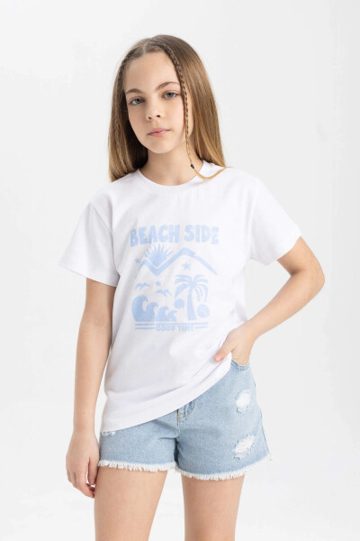 White Short-Sleeved Printed T-Shirt for Girls - 10