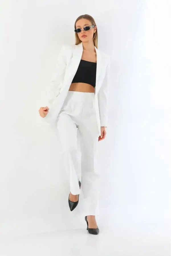 White Single Button Blazer Jacket with Belted Pocket Palazzo Pants Suit - 3