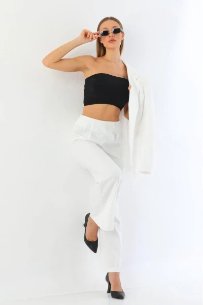 White Single Button Blazer Jacket with Belted Pocket Palazzo Pants Suit - 4