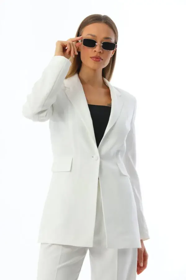 White Single Button Blazer Jacket with Belted Pocket Palazzo Pants Suit - 5