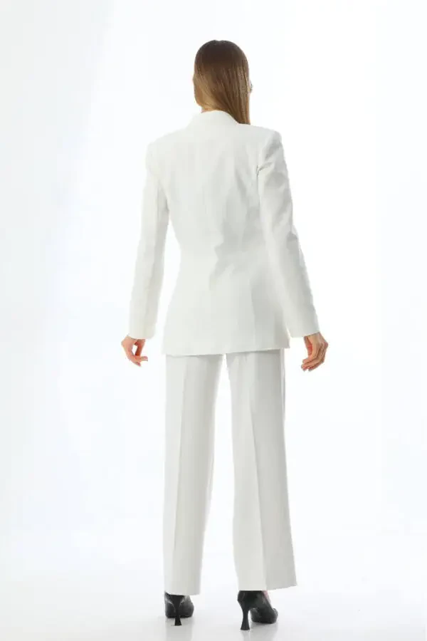 White Single Button Blazer Jacket with Belted Pocket Palazzo Pants Suit - 6