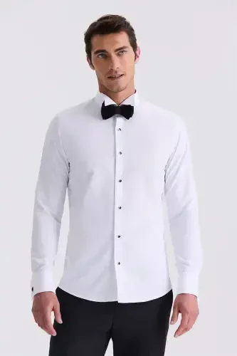White Slim Fit Band Collar Double Cuff Shirt - 1