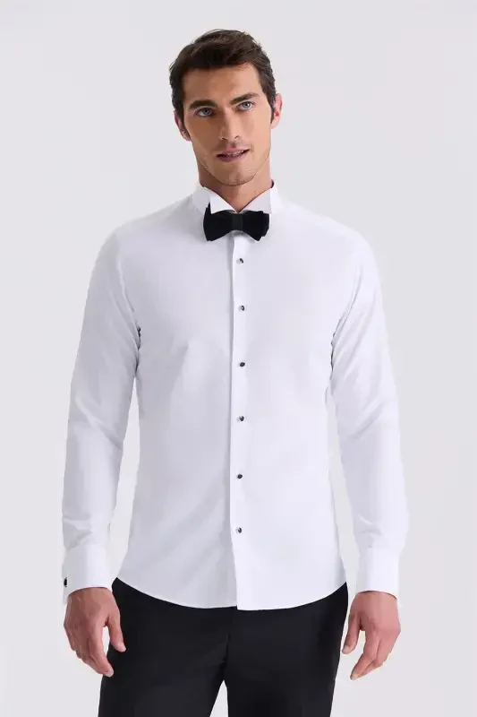White Slim Fit Band Collar Double Cuff Shirt - 1