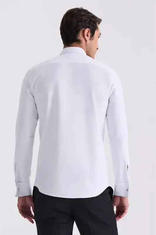 White Slim Fit Band Collar Double Cuff Shirt - 4