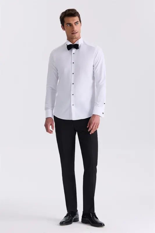 White Slim Fit Band Collar Double Cuff Shirt - 2