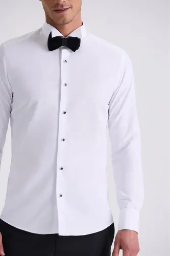 White Slim Fit Band Collar Double Cuff Shirt - 3