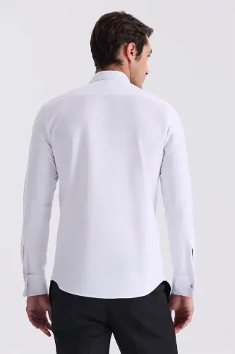White Slim Fit Band Collar Double Cuff Shirt - 4