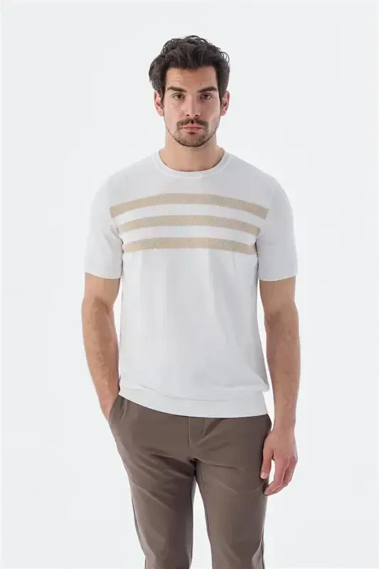 White Slim Fit Crew Neck Patterned Knit T-Shirt - 2