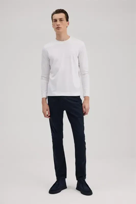 White Slim Fit Crew Neck Rayon Long Sleeve Basic T-Shirt - JAKAMEN