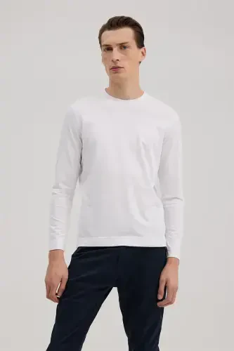 White Slim Fit Crew Neck Rayon Long Sleeve Basic T-Shirt - 2