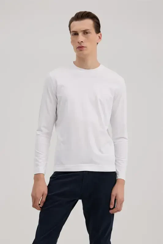 White Slim Fit Crew Neck Rayon Long Sleeve Basic T-Shirt - 2