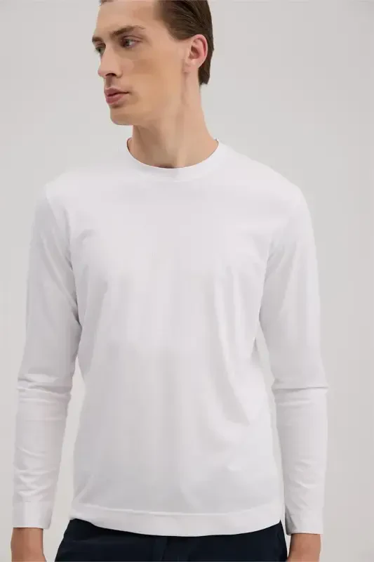 White Slim Fit Crew Neck Rayon Long Sleeve Basic T-Shirt - 3