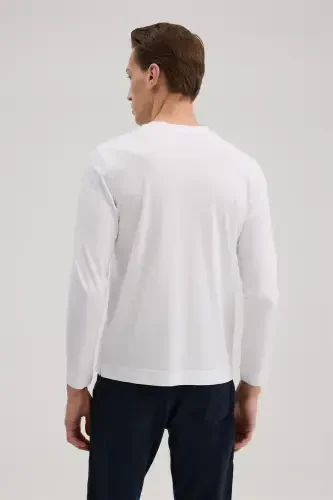 White Slim Fit Crew Neck Rayon Long Sleeve Basic T-Shirt - 4