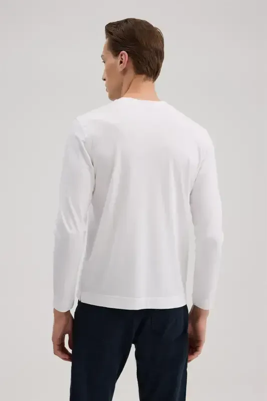 White Slim Fit Crew Neck Rayon Long Sleeve Basic T-Shirt - 4