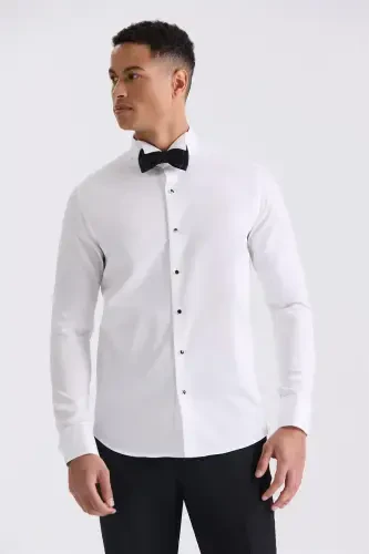 White Slim Fit Cufflinks 100% Cotton Stand Collar Shirt - 1