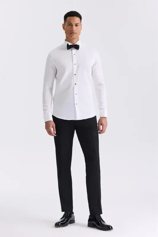 White Slim Fit Cufflinks 100% Cotton Stand Collar Shirt - 2