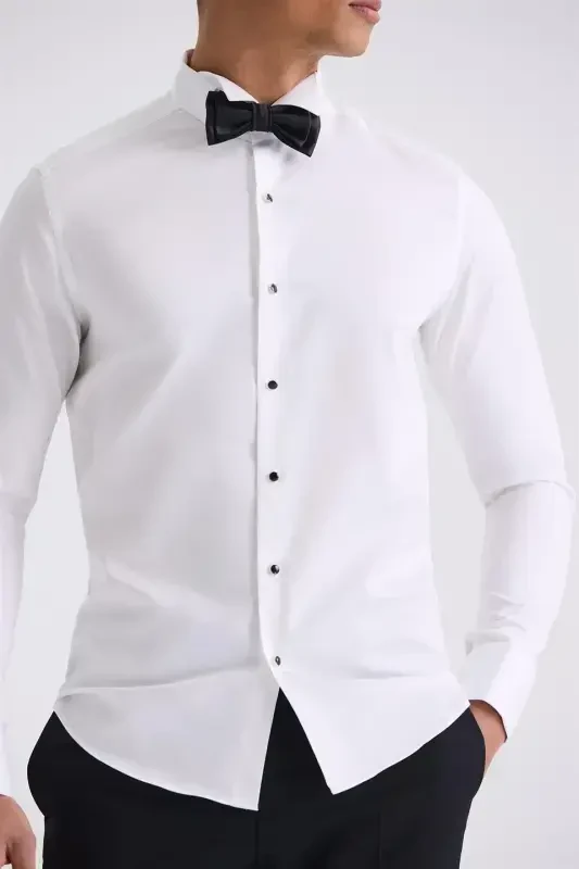 White Slim Fit Cufflinks 100% Cotton Stand Collar Shirt - 3