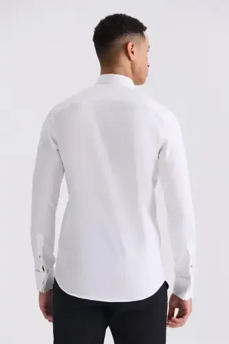 White Slim Fit Cufflinks 100% Cotton Stand Collar Shirt - 4