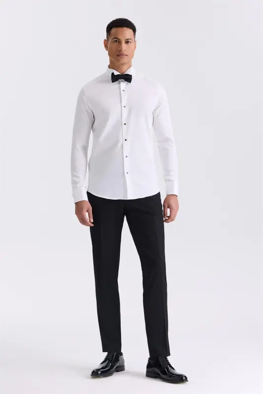 White Slim Fit Cufflinks 100% Cotton Stand Collar Shirt - 2