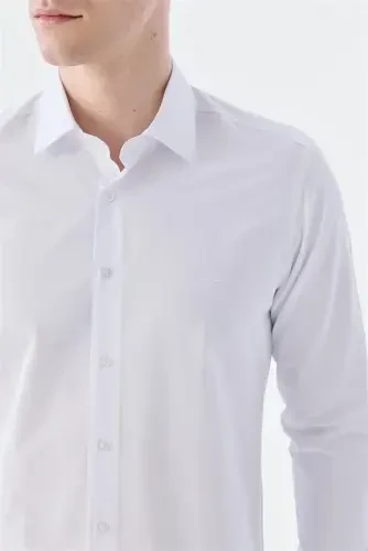 White Slim Fit Italian Collar Long Sleeve Classic Tie Cotton Shirt - 4