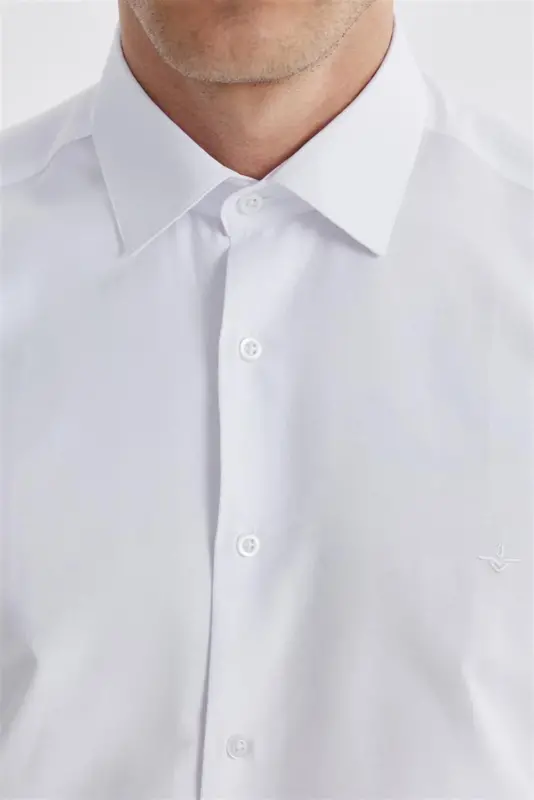 White Slim Fit Italian Collar Long Sleeve Classic Tie Cotton Shirt - 1