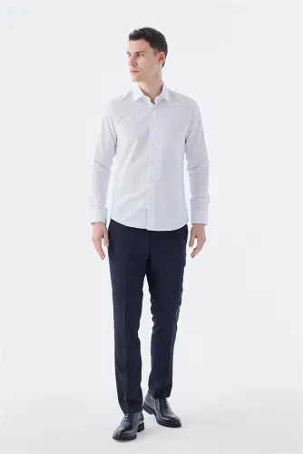 White Slim Fit Italian Collar Long Sleeve Classic Tie Cotton Shirt - 3