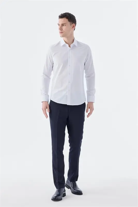 White Slim Fit Italian Collar Long Sleeve Classic Tie Cotton Shirt - 3