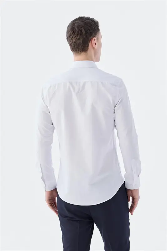 White Slim Fit Italian Collar Long Sleeve Classic Tie Cotton Shirt - 5