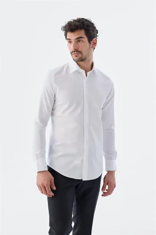 White Slim Fit Italian Collar Long Sleeve Classic Tie-Ready 100% Cotton Satin Shirt - JAKAMEN