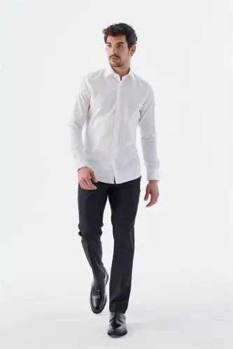 White Slim Fit Italian Collar Long Sleeve Classic Tie-Ready 100% Cotton Satin Shirt - JAKAMEN (1)