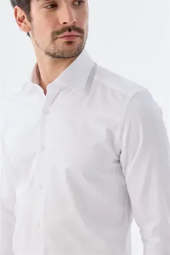 White Slim Fit Italian Collar Long Sleeve Classic Tie-Ready 100% Cotton Satin Shirt - 3