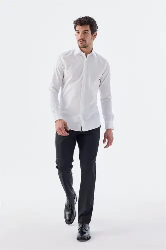 White Slim Fit Italian Collar Long Sleeve Classic Tie-Ready 100% Cotton Satin Shirt - 2